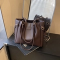 Brown matte faux leather tote bag with gold metal rings and large interior capacity - Brown