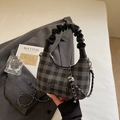 Checkered hobo bag in gray with black heart and bear patterns and chain strap - Black without Pendant