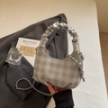 Light gray plaid hobo bag with metallic pleated handle and cute cartoon embroidery - Silver No Pendant
