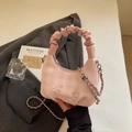 Pink checkered dumpling bag with chain strap and embroidered heart on chic blazer background - Pink Without Pendant