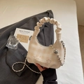 Beige checkerboard dumpling bag with cute embroidery and detachable chain strap - Rice White (No Pendant)