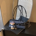 Blue denim baguette bag with leather straps and a small teddy bear charm accessory - Blue/Black (With Pendant)