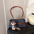 Blue denim baguette shoulder bag with brown leather straps and cute teddy bear charm - Blue/Brown (With Pendant)