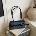 Blue denim baguette bag with black leather straps and silver buckle detailing - Blue/Black (Without Pendant)
