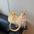 Yellow plaid crescent shoulder bag with knotted strap and cute plush bear pendant - Yellow