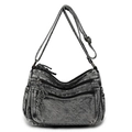 Vista dettagliata della borsa a tracolla in denim grigio scuro con vari scomparti zip - Nero