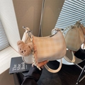 Cream plaid crescent underarm bag with cute bear charm and woven rope decoration - Off White