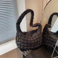 Black quilted puffer cloud bag with fashion label and glossy nylon finish for shoulder wear - Black