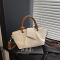Chic cream litchi grain tote bag with brown knotted handle and silver metal edge - White