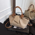Khaki beige lychee texture tote bag with dark brown handles and knot detail - Khaki