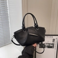 Minimalist black lychee texture tote bag with double handles and detachable shoulder strap - Black
