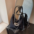 Chic black jacquard shoulder bag with silver chains, pearl charms and butterfly buckle - Black