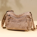 Crossbody bag in brown washed fabric with multi-zipper pockets and wide shoulder strap - Brown