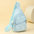 Light blue crossbody chest bag with geometric pattern strap and multiple zip pockets - Blue