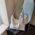 White jacquard hobo bag with silver butterfly charms and pearl chain Y2K style - Silver
