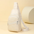 Creamy white chest bag with stylish geometric woven strap and triple zipper design - Off White