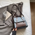 Vintage blue and brown patchwork backpack with gold studs and top handle for women - Blue Without Charm