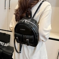 Glossy black mini backpack with silver zippers and double front pockets for women - Black