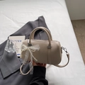 Chic beige lychee leather boston bag with pearl lace bow detail and slim strap - With Charm / Gray