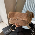 Brown washed denim crossbody bag with silver magnetic snap and vintage flap design - Brown