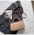 Beige lychee pattern leather bowling bag with silver hardware and shoulder strap - No Pendant / Khaki
