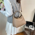 Minimalist khaki soft leather handbag for women featuring a textured lychee grain finish - Khaki