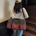 Large grey canvas travel bag with red stripes and detachable shoulder strap - Black