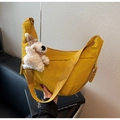 Large mustard yellow crescent dumpling bag with a cute teddy bear plush charm - Yellow (With Pendant)
