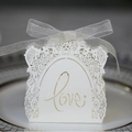 White laser-cut Love wedding favor box with floral patterns and a silver organza bow - Ivory