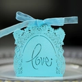 Tiffany blue laser-cut paper wedding favor box with Love hollow text and ribbon bow - Tiffany Blue