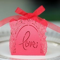 Laser-cut rose red wedding candy box with hollow Love text and satin ribbon bow - Pearlescent Red