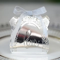 Laser cut hollow LOVE silver wedding favor box with light blue silk ribbon and lace pattern - Reflective Silver