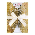 Golden laser-cut rose wedding invitation with elegant silk bow and floral insert card - Reflective Gold