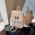 Mini mochila de cuadros crema y beige con hebilla de mariposa y colgante de osito - Blanco Roto (Con Colgante)