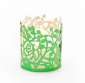 Detail of rose and leaf laser cut pattern on green decorative LED candle lampshade - Reflective Green