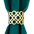 Modern hollow circle gold metal napkin ring displayed with dark green fabric - Reflective Gold