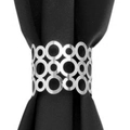 Silver geometric napkin ring with circular hollow design on black fabric napkin - Reflective Silver