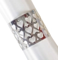 Macro detail of silver napkin ring with hollow heart and diamond geometric patterns - Reflective Silver
