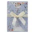 Detailed laser-cut light blue pearlescent wedding invitation with rose hollow and ribbon - Fog Blue