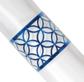Close-up of blue laser-cut geometric pattern napkin ring on white satin fabric - Reflective Blue