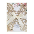 Green glitter laser cut wedding invitation with floral patterns and a cream ribbon bow - Glitter Rose Gold