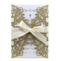 Elegant gold glitter laser cut wedding invitation with cream ribbon and white insert - Glitter Golden Yellow