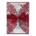 Laser-cut burgundy wedding invitation card with rose pattern and elegant satin ribbon bow - Dark Red