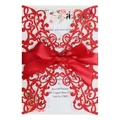 Elegant red glitter laser cut wedding invitation card with a silk ribbon and floral insert - Glitter Red