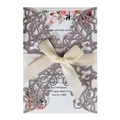 Silver laser-cut wedding invitation with pink floral inner page and a silk ribbon bow - Glitter Charcoal Silver