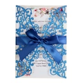 Laser-cut wedding invitation in glitter navy blue cardstock with a satin ribbon bow - Glitter Royal Blue