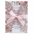 Pink glitter laser-cut wedding invitation with elegant satin bow and floral inner card - Glitter Pink