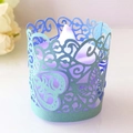 Pale green laser-cut paper lantern sleeve with heart patterns and purple LED candle - Tiffany Blue