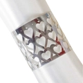 Silver hollow heart metal napkin ring with mirror polished finish on white satin napkin - Reflective Silver