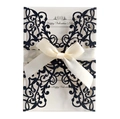 Dark blue glitter laser cut wedding invitation card with ribbon bow and floral pattern - Glitter Dark Blue